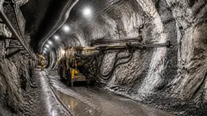 Underground mining equipment operating in a narrow silver-bearing mine tunnel